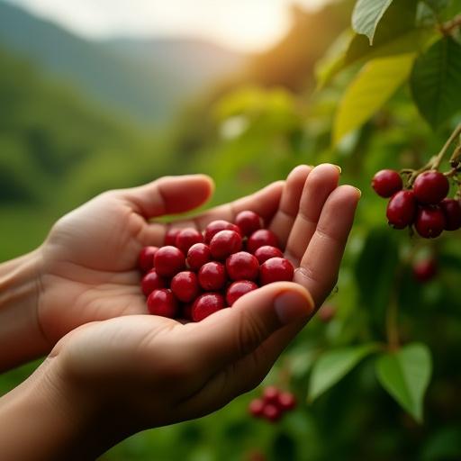 Mani che raccolgono ciliegie di caffè mature